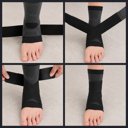 Guide étape par étape montrant comment mettre et ajuster une chevillère avec compression et sangle pour une stabilité optimale.