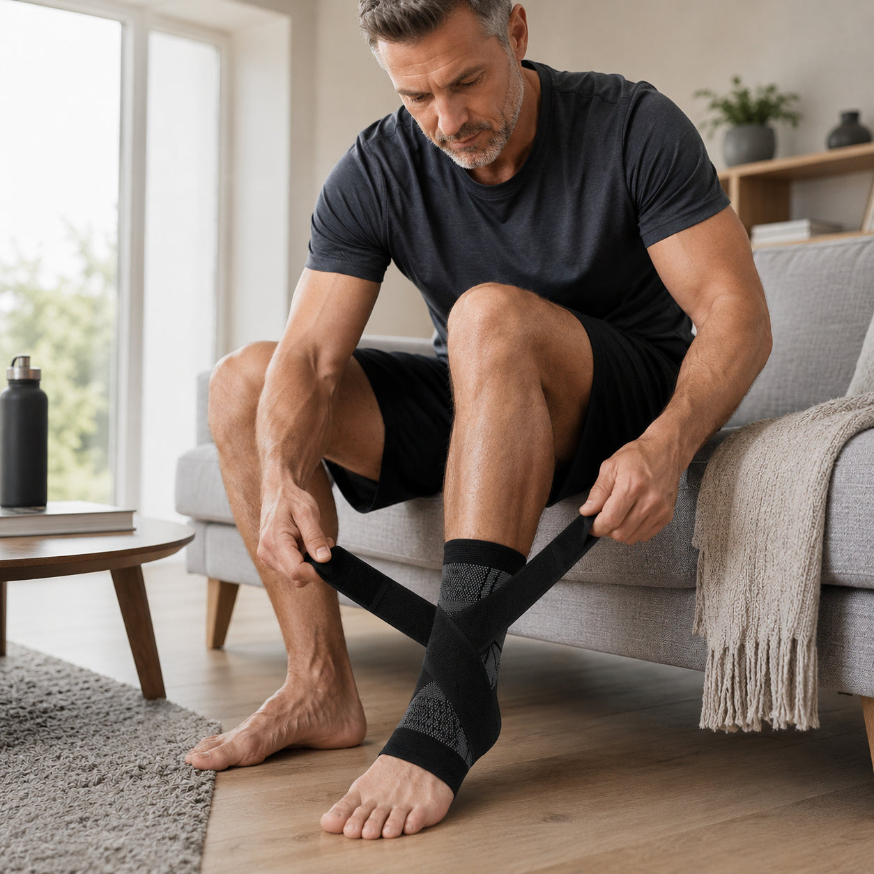Un homme ajuste une chevillère avec compression et sangle à la maison pour un soutien et une stabilité supplémentaires autour de la cheville.