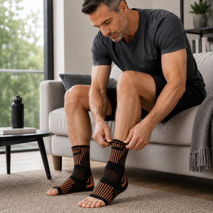 Un homme enfile une chevillère de compression à la maison.