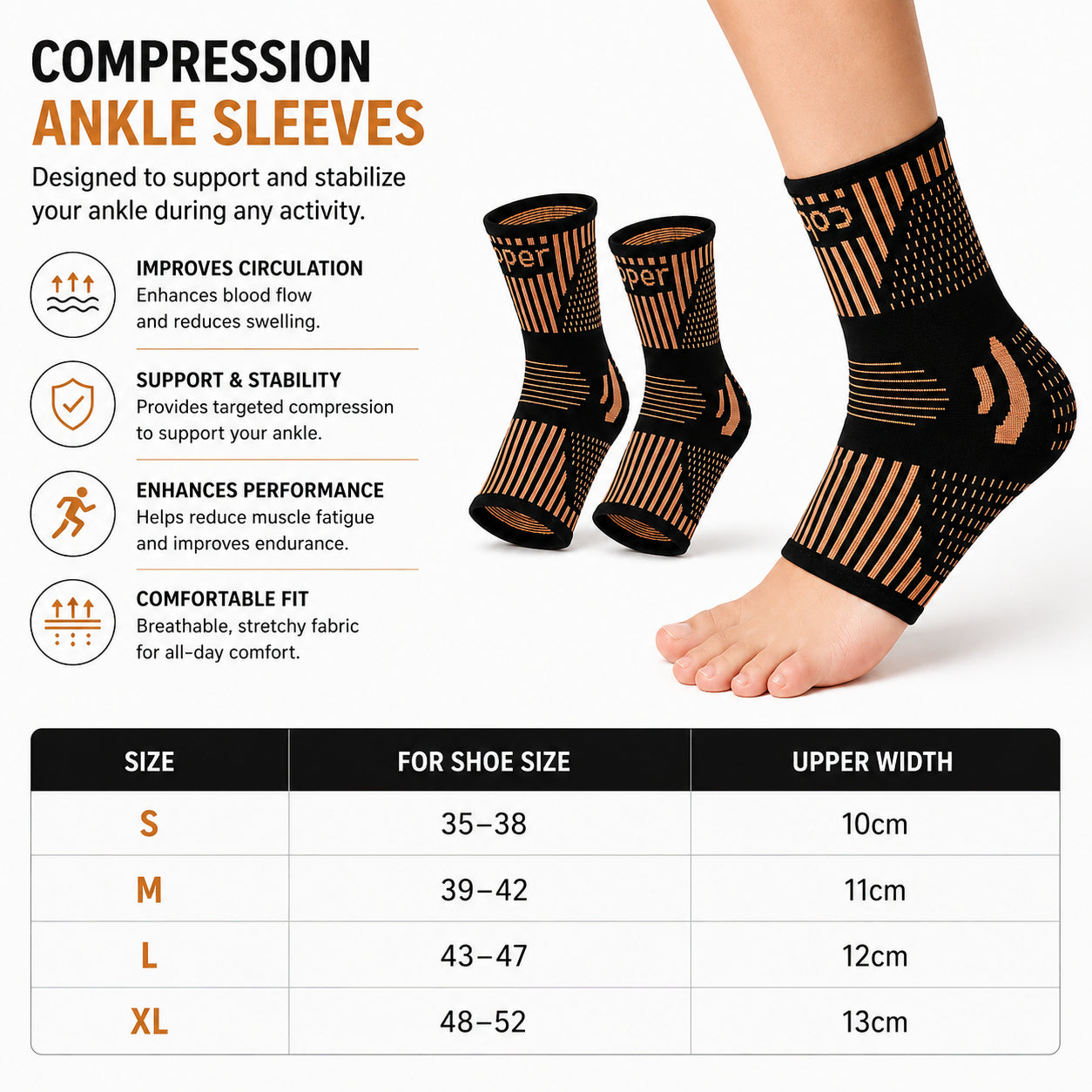 Guide des tailles et présentation du produit pour chevillère de compression avec tableau des tailles.