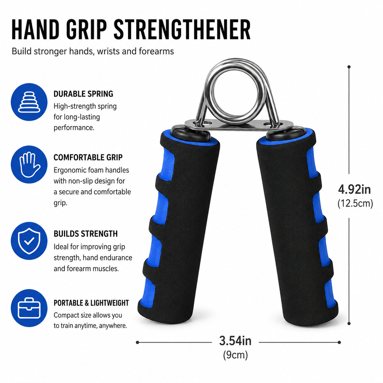 Exerciseur de préhension avec poignées ergonomiques en mousse, ressort métallique et dimensions pour l'entraînement de la force de la main, du poignet et de l'avant-bras.