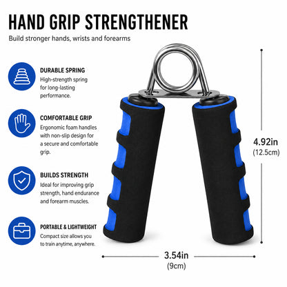 Exerciseur de préhension avec poignées ergonomiques en mousse, ressort métallique et dimensions pour l'entraînement de la force de la main, du poignet et de l'avant-bras.