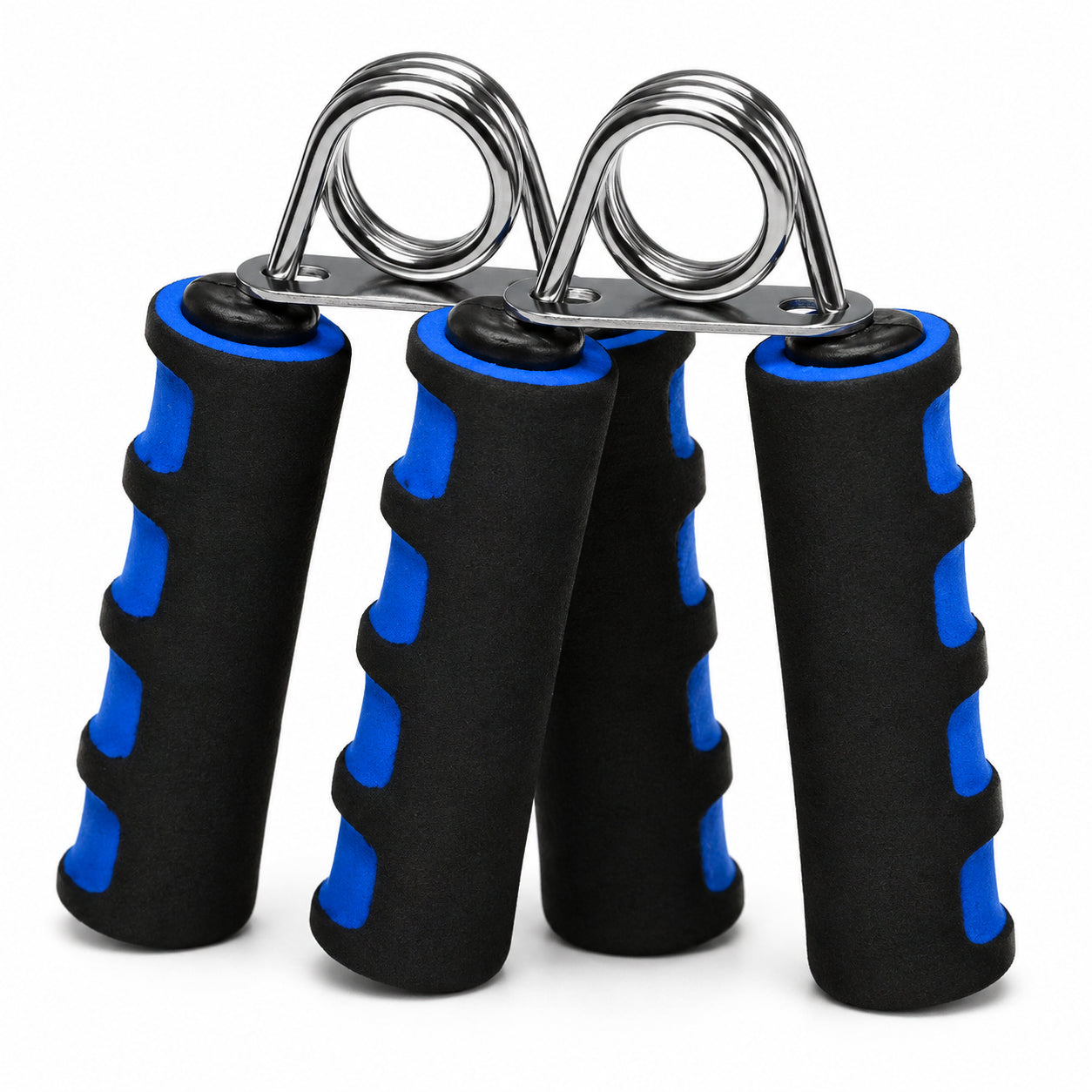 Exerciseur de préhension en lot de deux avec poignées ergonomiques en mousse et ressort métallique pour l'entraînement de la force de la main et de la préhension.