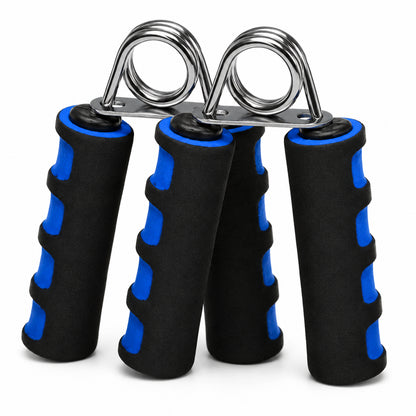 Exerciseur de préhension en lot de deux avec poignées ergonomiques en mousse et ressort métallique pour l'entraînement de la force de la main et de la préhension.