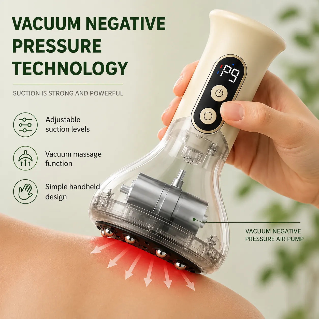 Masseur Gua sha avec fonction de vide réglable et conception portable.