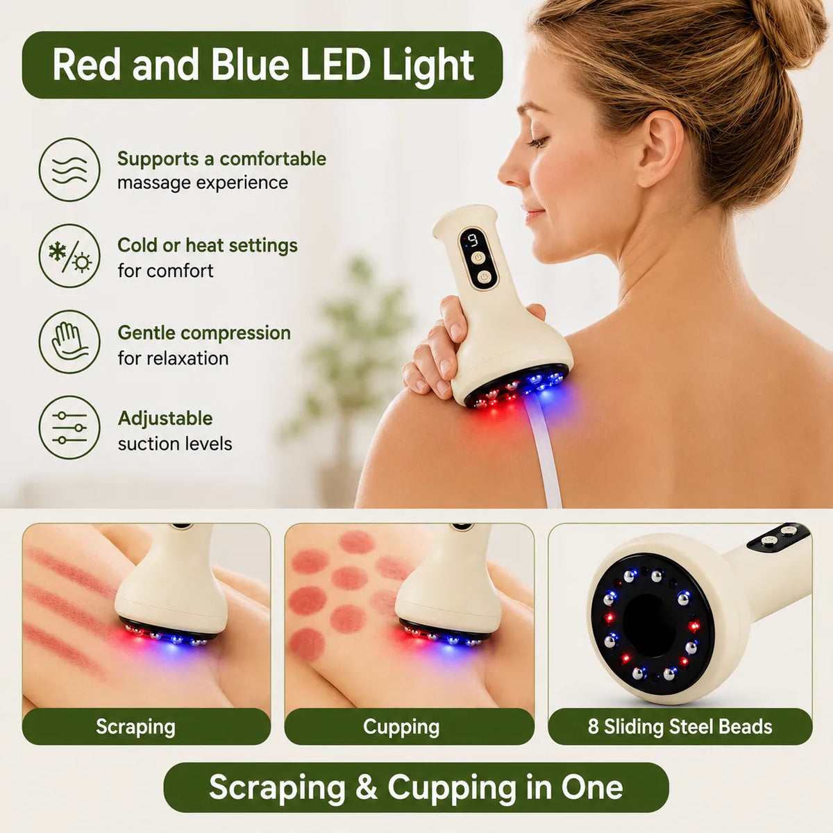 Masseur Gua sha avec ventouses, lumière LED rouge et bleue et fonction de vide réglable.