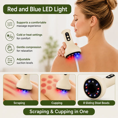 Masseur Gua sha avec ventouses, lumière LED rouge et bleue et fonction de vide réglable.