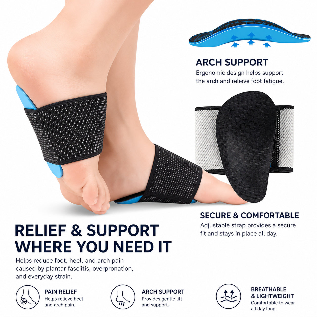 Soutien de talon avec coussin en gel et bande réglable offrant un soutien à la voûte plantaire et soulageant le talon, la voûte plantaire et le fascia plantaire.
