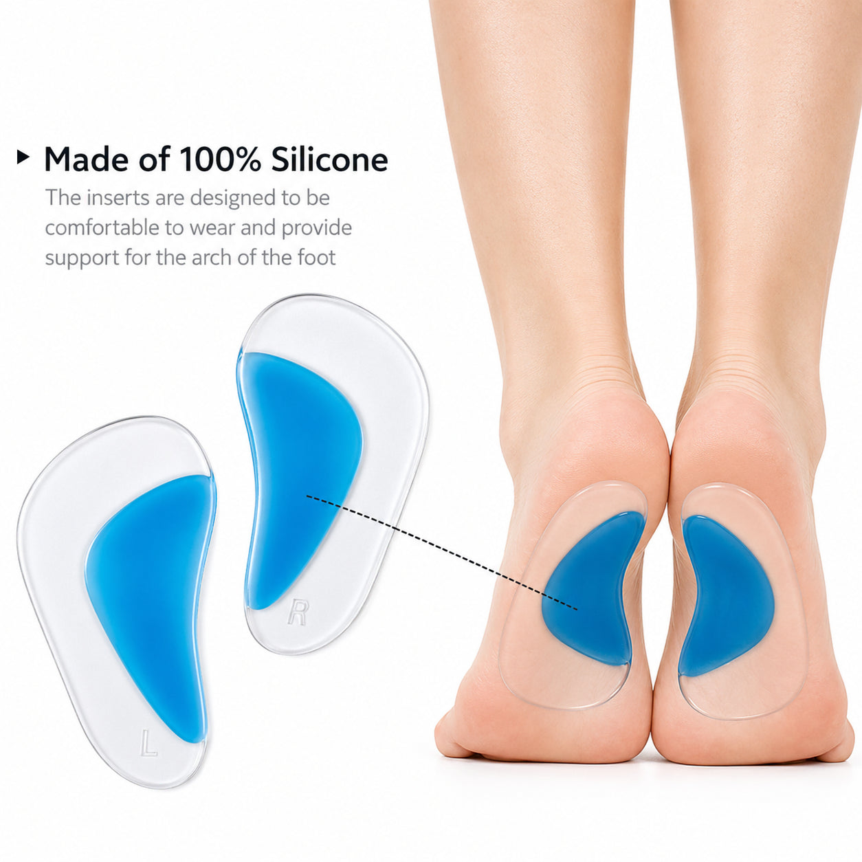 Demi-semelles en silicone offrant un soutien à la voûte plantaire et améliorant le soulagement du pied.
