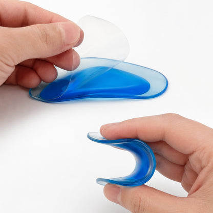 Demi-semelles flexibles en silicone avec face auto-adhésive pour le soutien de la voûte plantaire et le soulagement de la pronation.