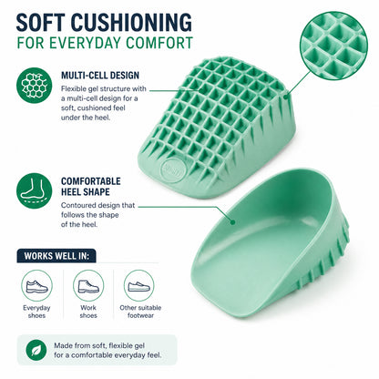 Coque talonnière verte en gel souple à structure alvéolée flexible et design profilé pour le talon.