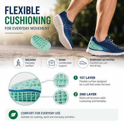 Coque talonnière verte à structure flexible en gel double couche, montrée dans une chaussure lors des mouvements quotidiens.