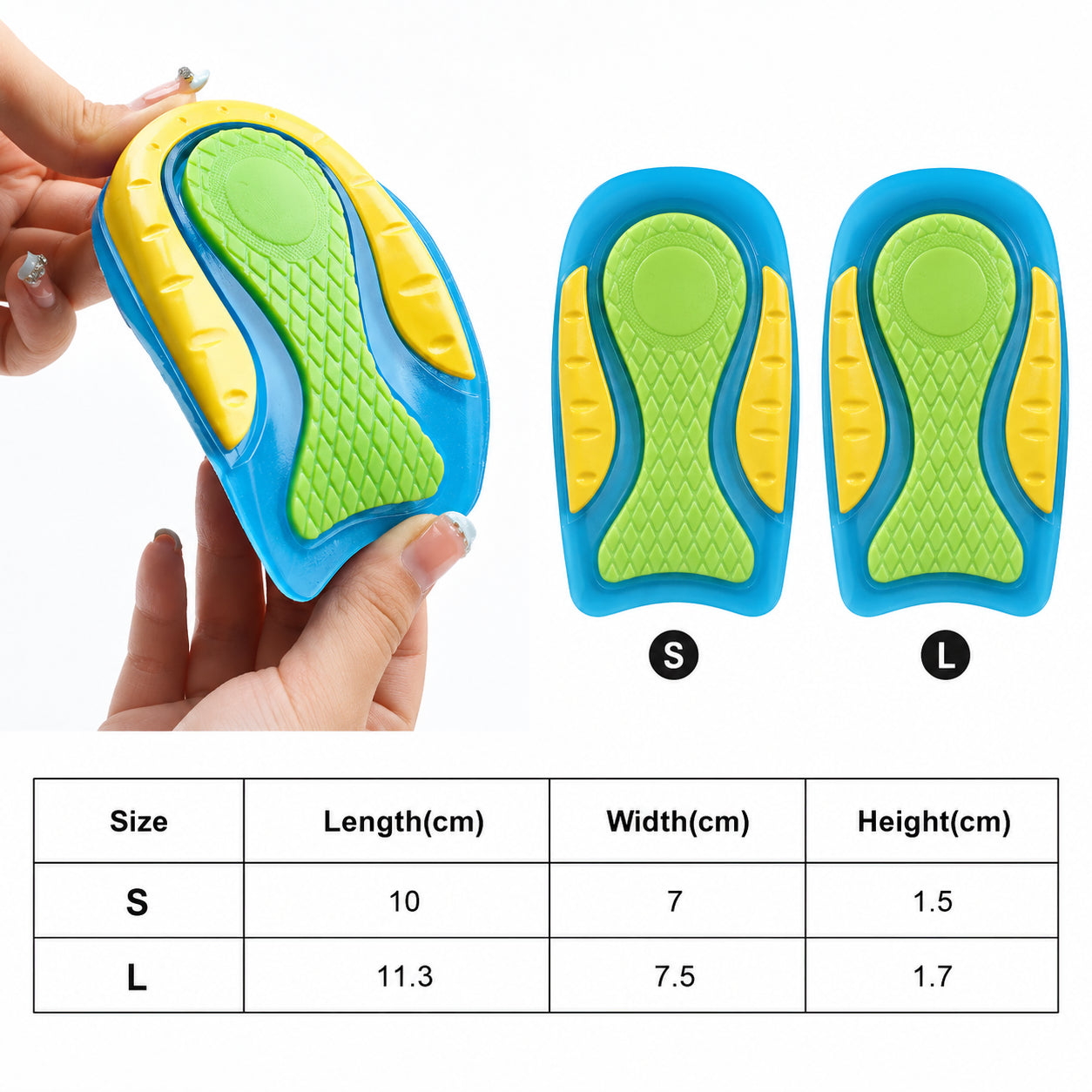 Guide des tailles pour coussinets de talon en gel avec dimensions pour les tailles S et L ainsi que la forme et les dimensions du produit.