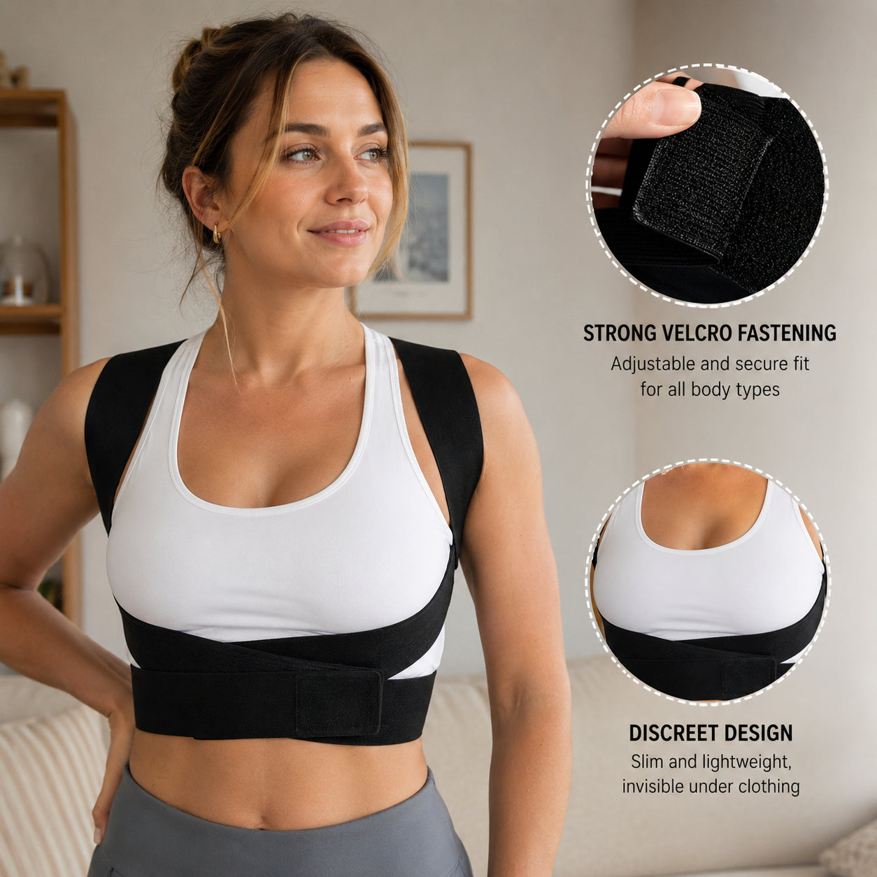 Une femme porte un correcteur de posture avec velcro réglable et design discret pour un soutien des épaules et du haut du dos.