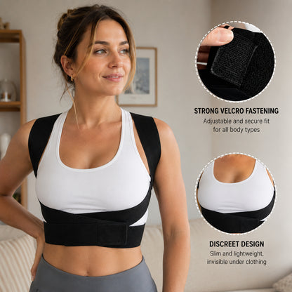 Une femme porte un correcteur de posture avec velcro réglable et design discret pour un soutien des épaules et du haut du dos.