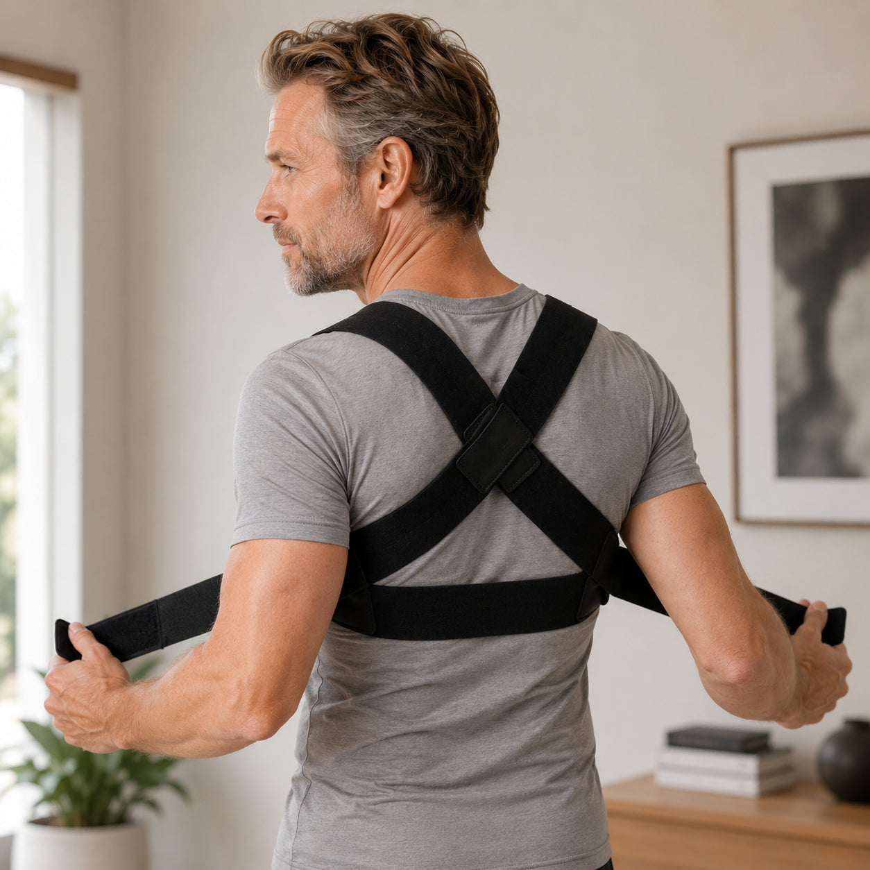 Un homme ajuste un correcteur de posture offrant un soutien pour les épaules et le haut du dos.
