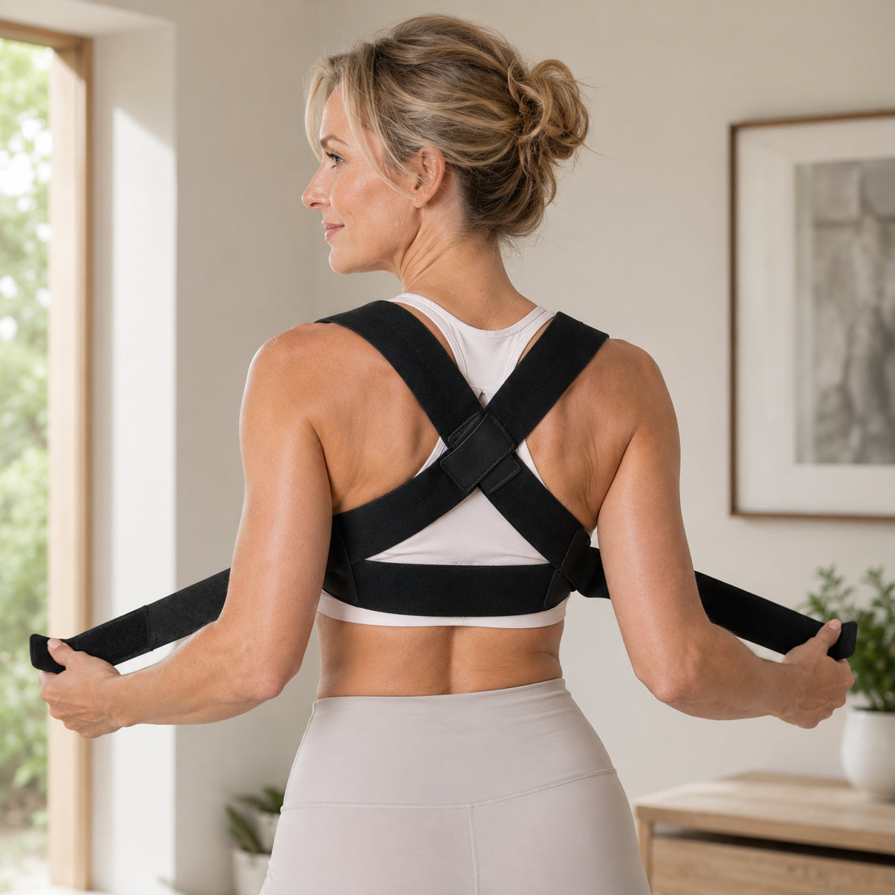Une femme ajuste un correcteur de posture offrant un soutien pour les épaules et le haut du dos.