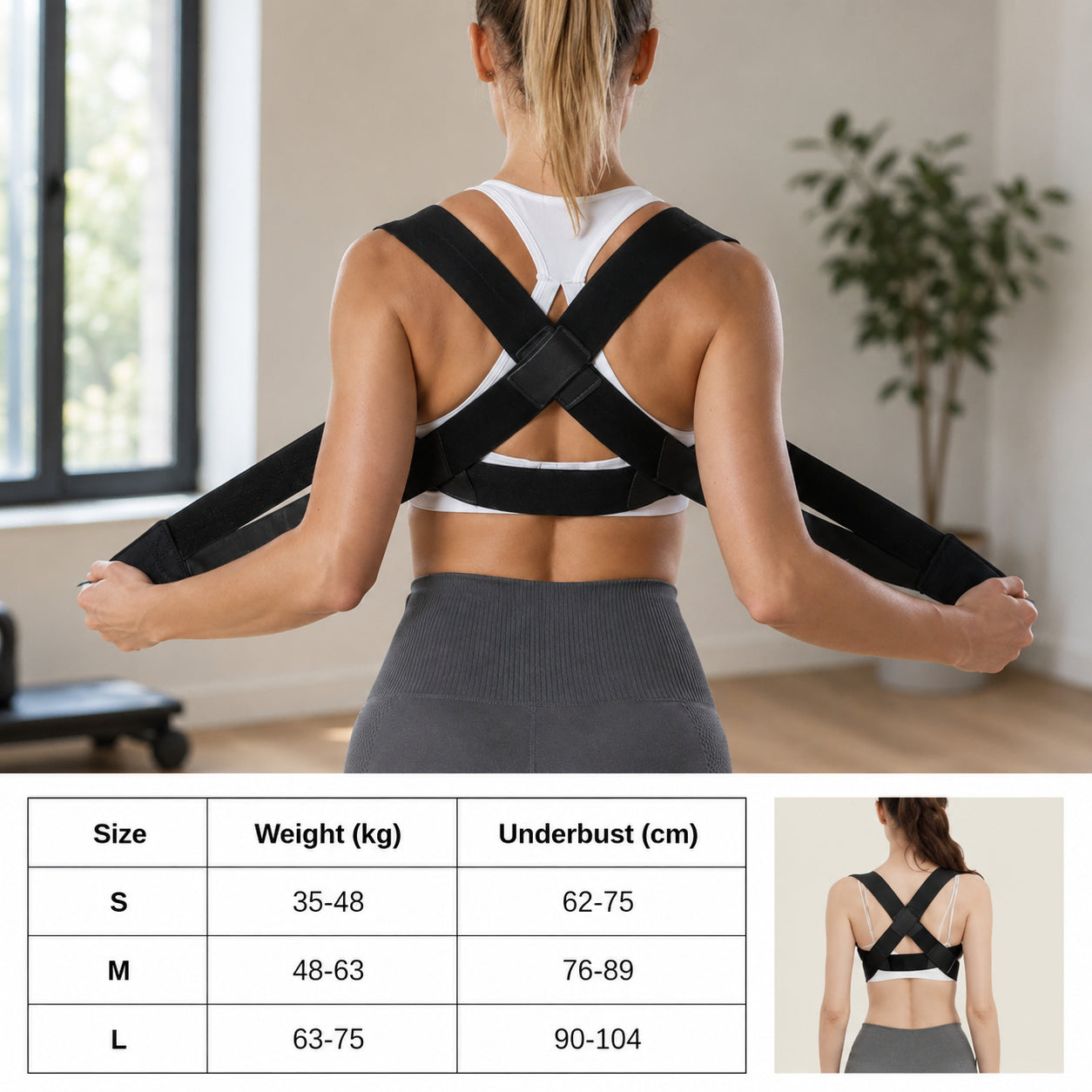Guide des tailles pour correcteur de posture avec ajustement réglable, tableau des tailles et soutien pour les épaules et le haut du dos.