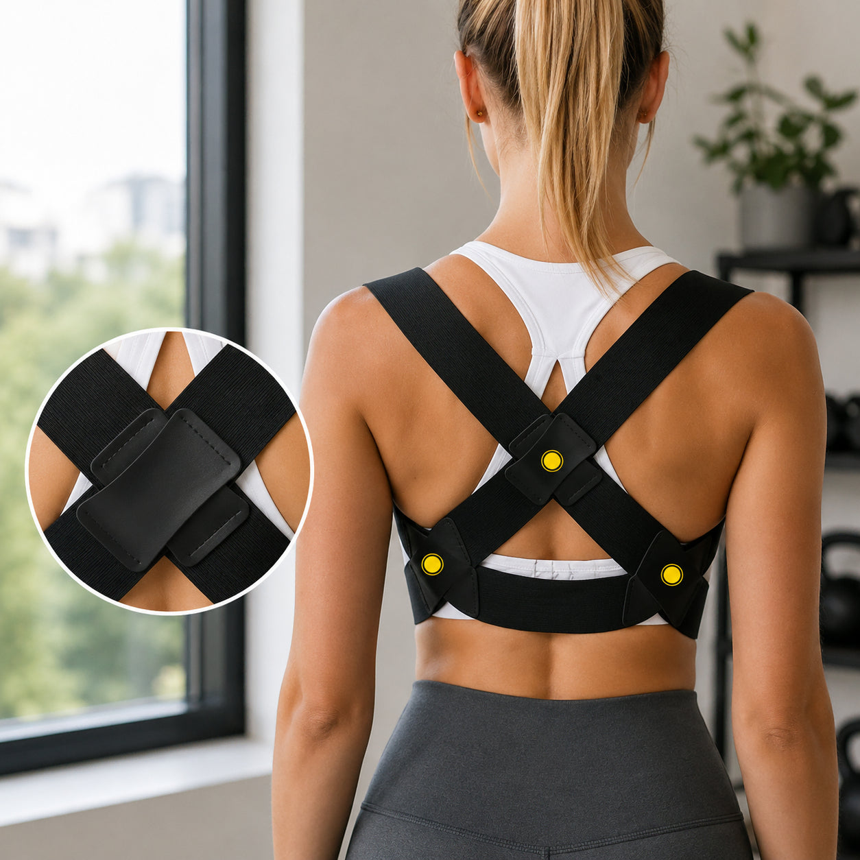 Une femme porte un correcteur de posture offrant un soutien pour les épaules et le haut du dos avec un ajustement réglable.