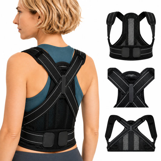Gilet correcteur de posture noir avec bretelles réglables et panneau dorsal respirant, vu de dos sur une femme.