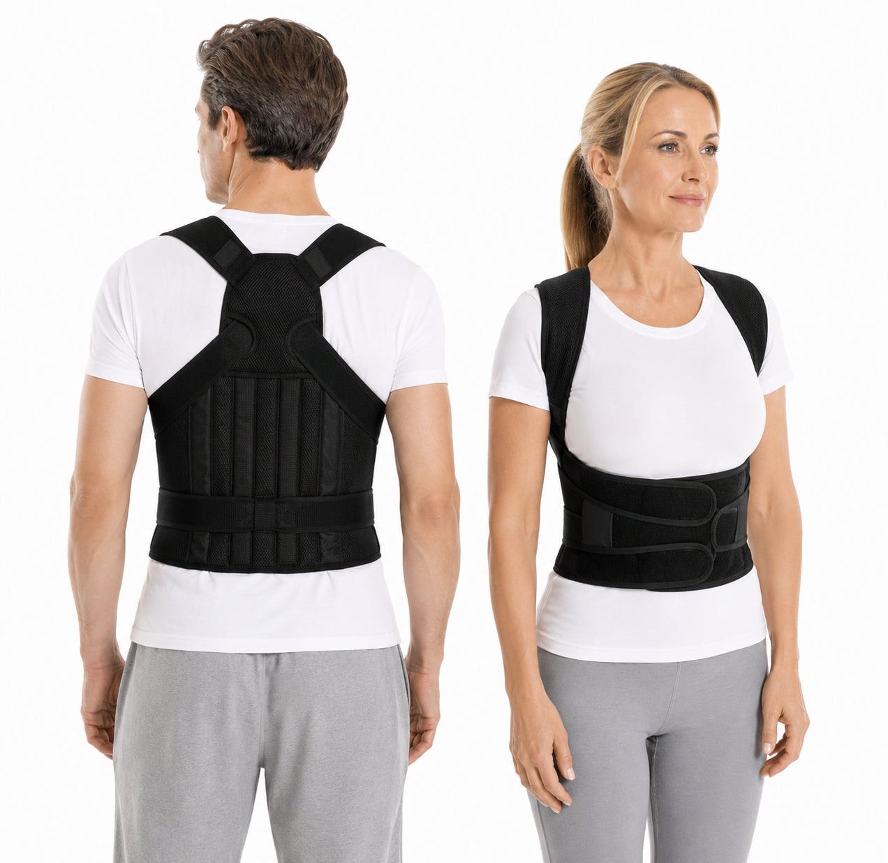 Gilet posture présenté de face et de dos sur un modèle masculin et féminin, en studio photo blanc