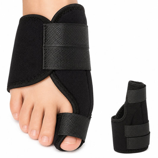 Attelle de nuit pour hallux valgus avec bandes velcro réglables qui aident à redresser le gros orteil et apportent un soutien stable pendant le repos et le sommeil.