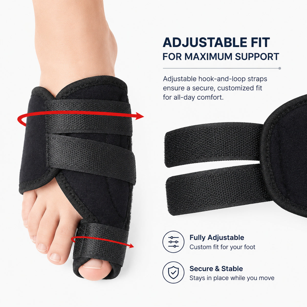 Infographie montrant l'attelle de nuit pour hallux valgus avec bandes velcro réglables pour un ajustement sûr et un soutien stable pendant le repos et le sommeil.