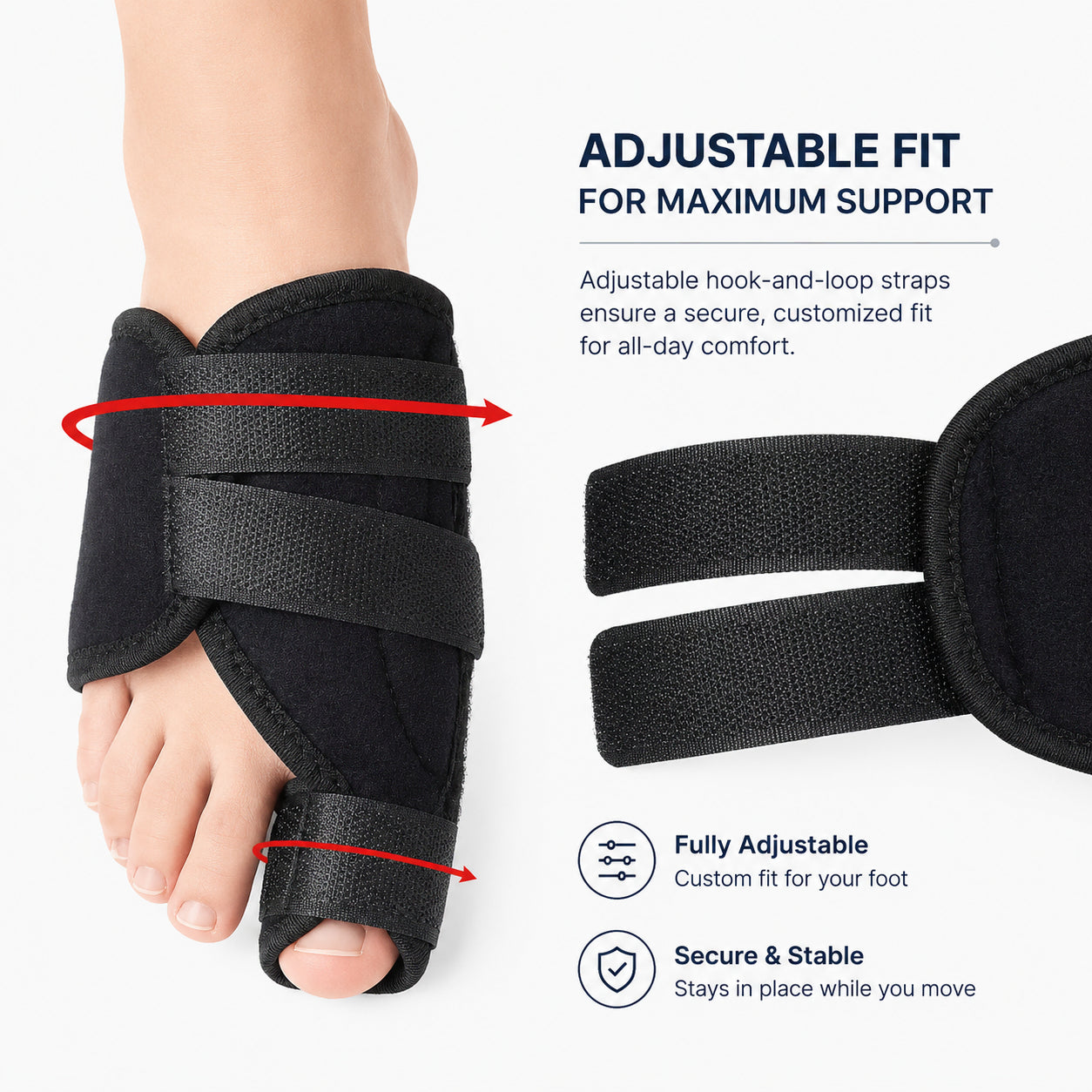 Infographie montrant l'attelle de nuit pour hallux valgus avec bandes velcro réglables pour un ajustement sûr et un soutien stable pendant le repos et le sommeil.