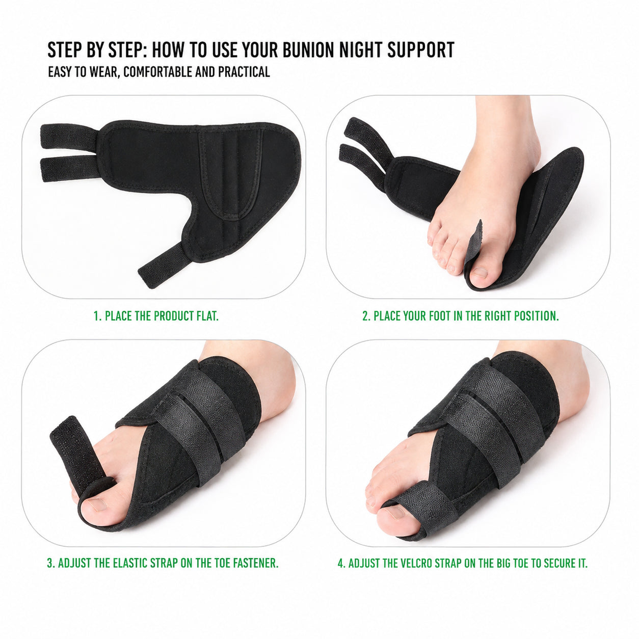 Infographie montrant étape par étape comment mettre et ajuster une attelle de nuit pour hallux valgus pour un ajustement et un soutien corrects.