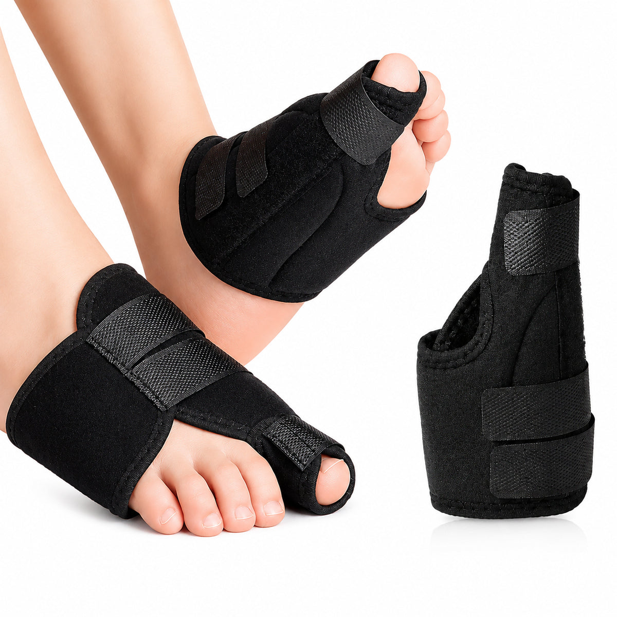 Attelle de nuit pour hallux valgus avec bandes velcro réglables qui aident à redresser le gros orteil et apportent un soutien stable pendant le repos et le sommeil.
