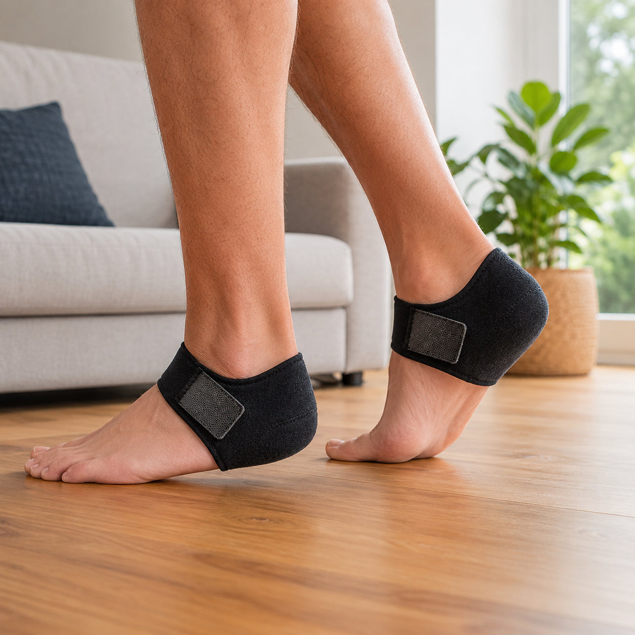 Une personne porte un protège-talon avec bande velcro réglable pour l'amorti, le soulagement et le confort en marchant et en position debout.