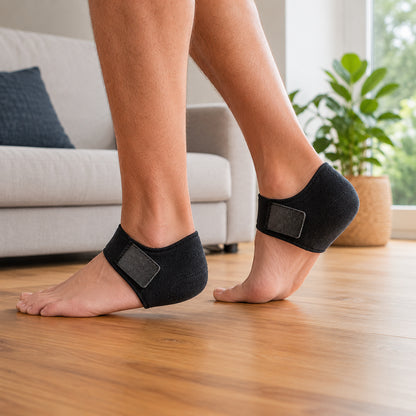 Une personne porte un protège-talon avec bande velcro réglable pour l'amorti, le soulagement et le confort en marchant et en position debout.