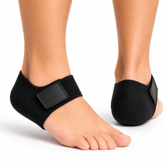 Protège-talon avec bande velcro réglable offrant amorti, soulagement et protection du talon en charge.