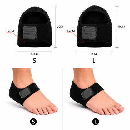 Guide des tailles pour protège-talon avec dimensions pour les tailles S et L ainsi que des exemples de port.