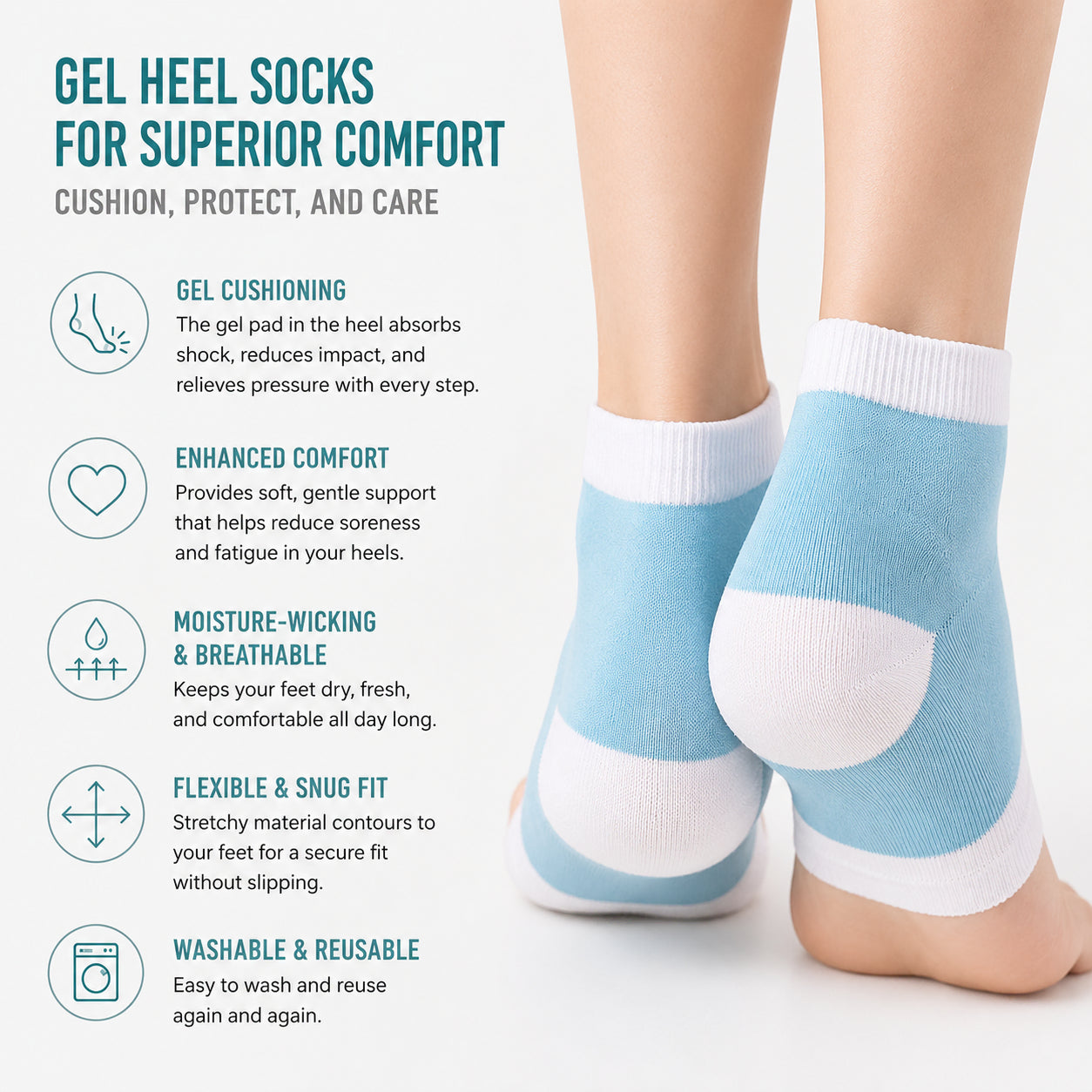 Chaussettes pour épine calcanéenne avec coussin en gel et illustration des caractéristiques et des avantages du soutien.