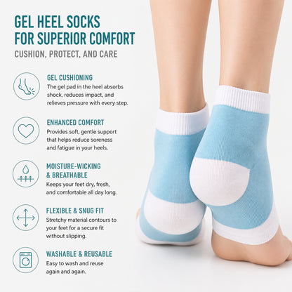 Chaussettes pour épine calcanéenne avec coussin en gel et illustration des caractéristiques et des avantages du soutien.