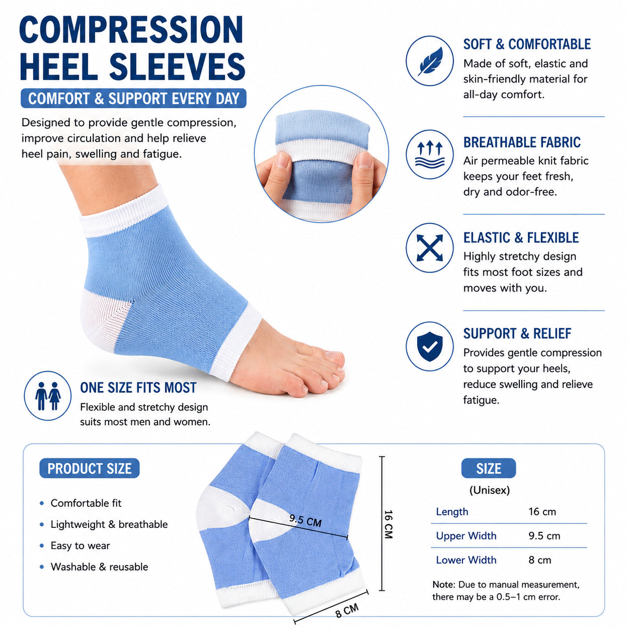 Présentation du produit et mesures pour chaussettes pour épine calcanéenne avec coussin en gel et informations sur les tailles.