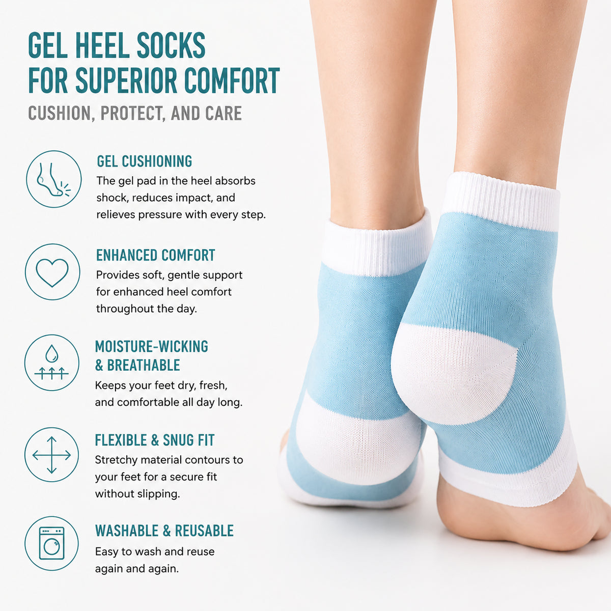 Chaussettes épaisses au talon avec coussin en gel doux pour un amorti, un soulagement de la pression et un maintien confortable autour du talon.