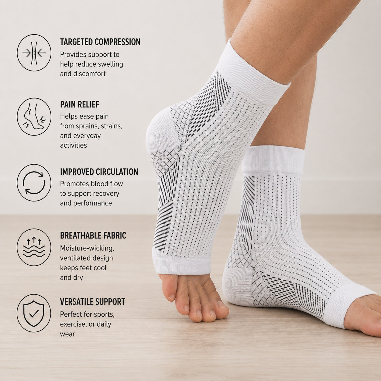 Chaussettes de compression pour épine calcanéenne avec illustration des caractéristiques et des avantages du soutien.
