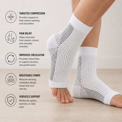 Chaussettes de compression pour épine calcanéenne avec illustration des caractéristiques et des avantages du soutien.