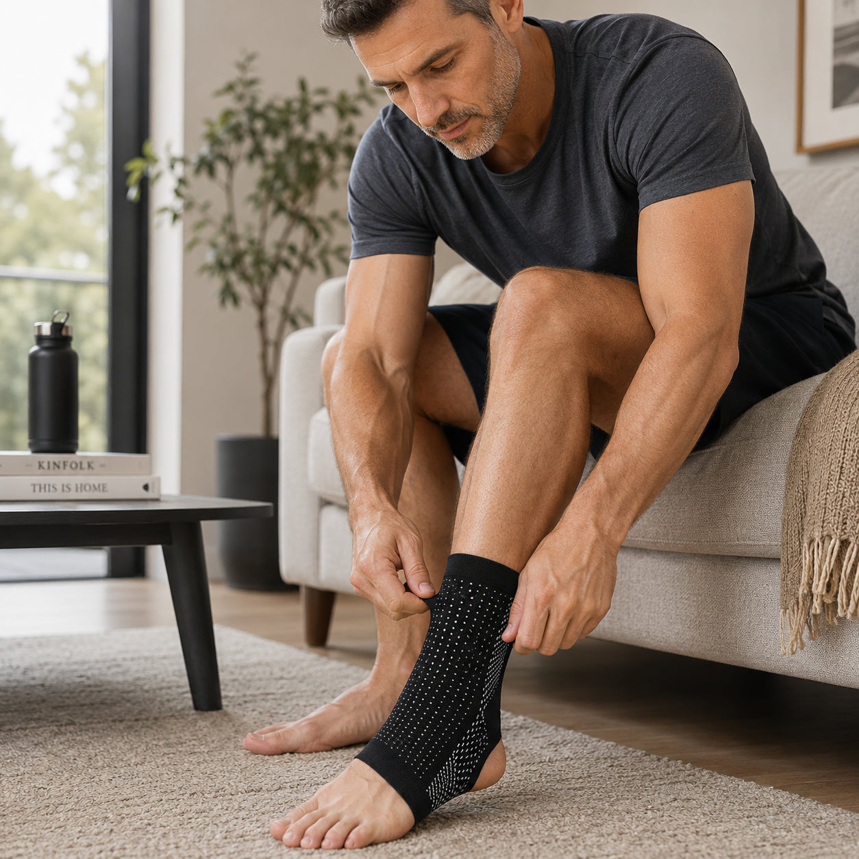 Un homme enfile une chaussette de compression pour épine calcanéenne à la maison.
