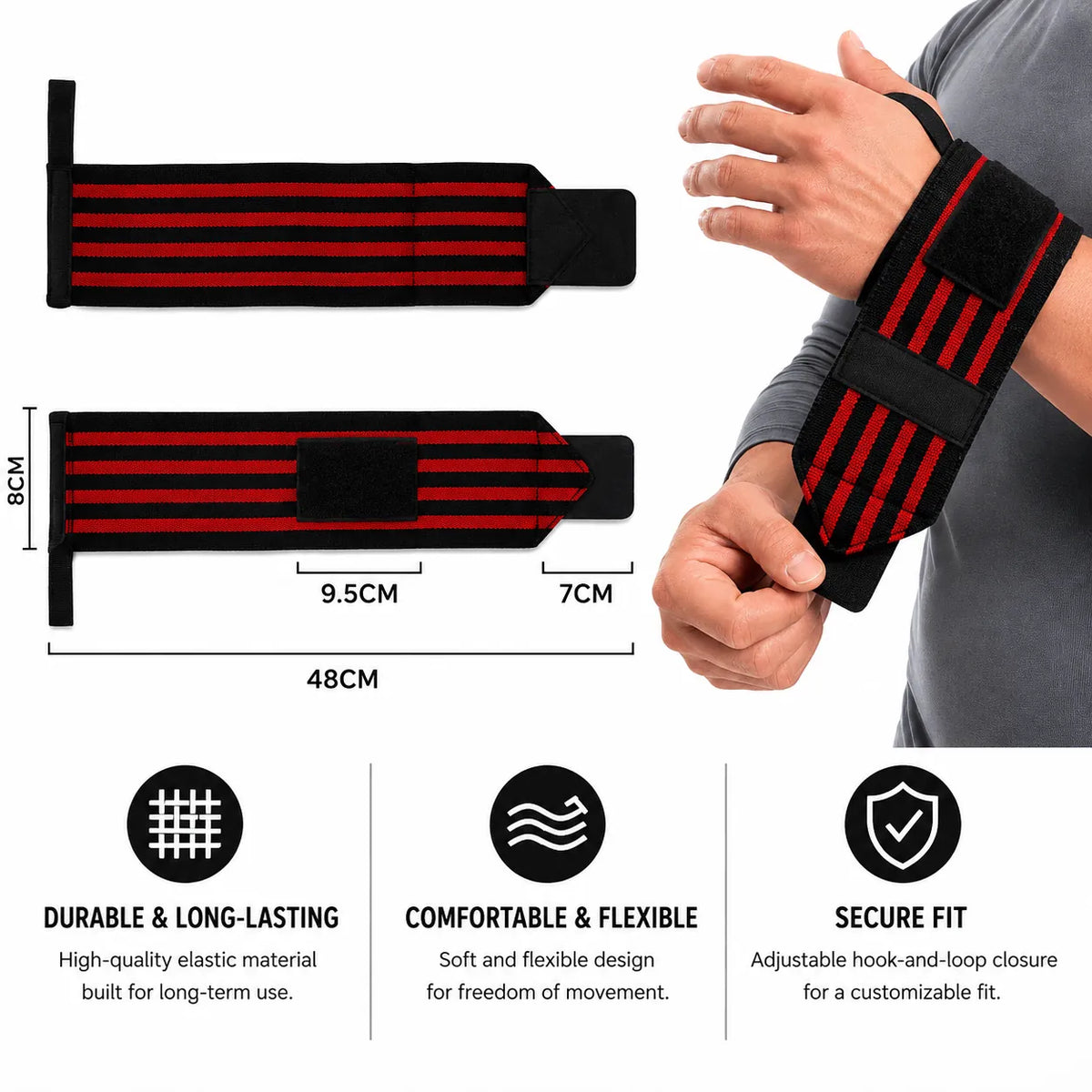 Support de poignet réglable pour l'entraînement avec des dimensions, une construction flexible et un velcro pour un ajustement individuel.