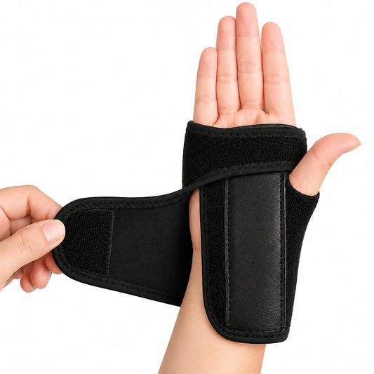 Attelle de poignet noire avec bande velcro réglable et attelle stabilisatrice.