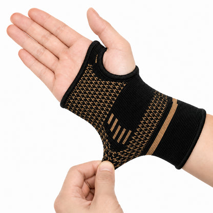Attelle de poignet de compression noire avec soutien du pouce et ajustement élastique.
