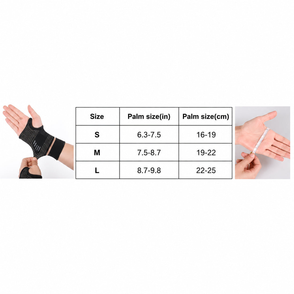 Guide des tailles pour attelle de poignet de compression avec tableau des mesures et instructions de mesure.