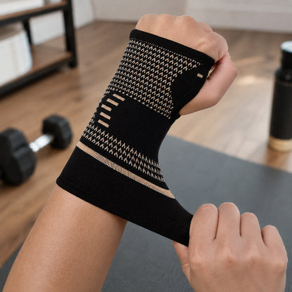 Attelle de poignet de compression utilisée pendant l'entraînement pour un soutien et une stabilité.
