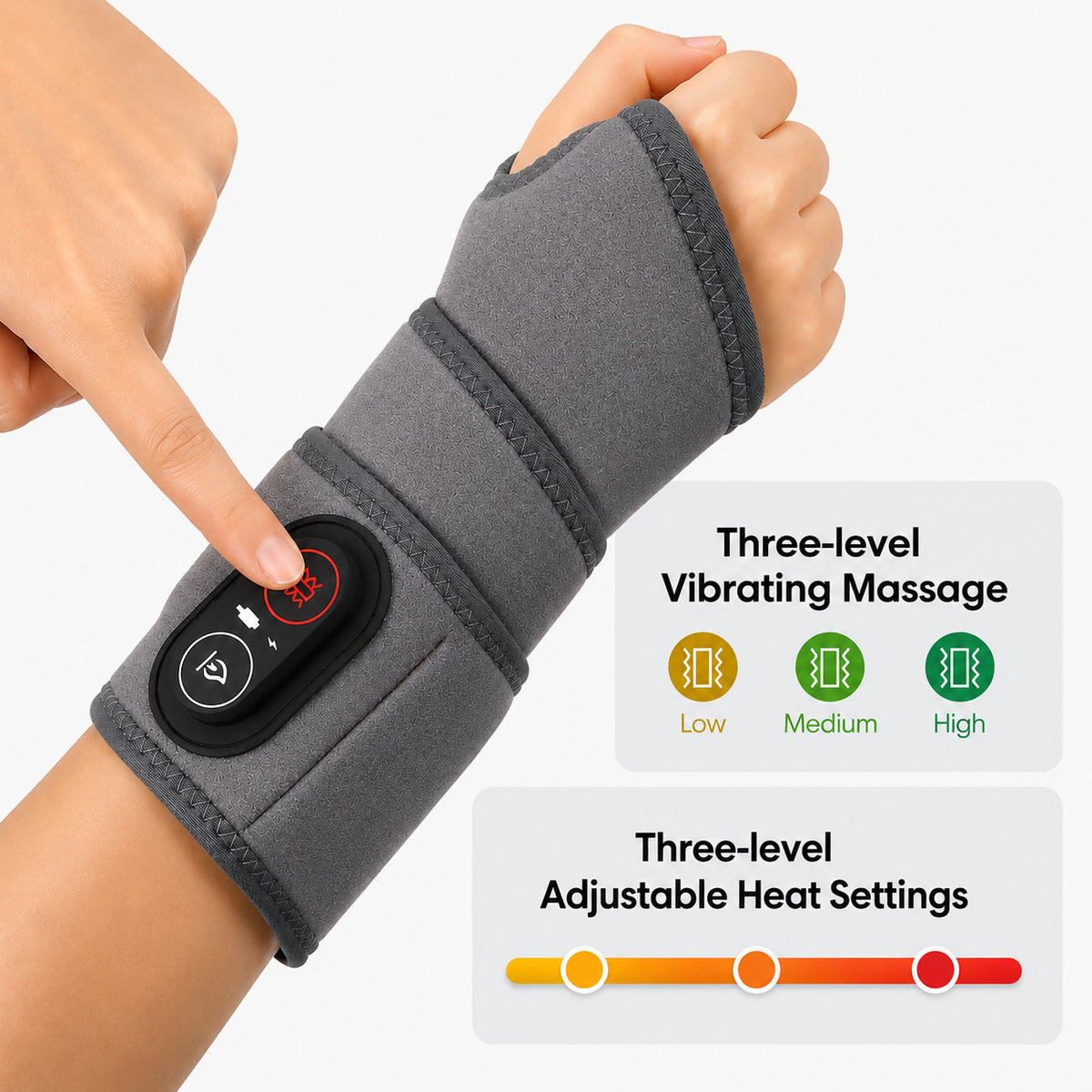 Appareil de poignet avec lumière rouge, massage par vibrations et trois niveaux de chaleur réglables.
