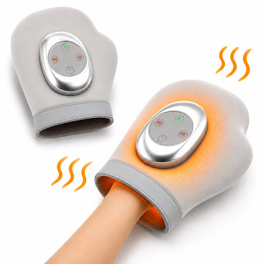 Appareil de massage pour les mains avec chaleur et compression pneumatique sur fond blanc.