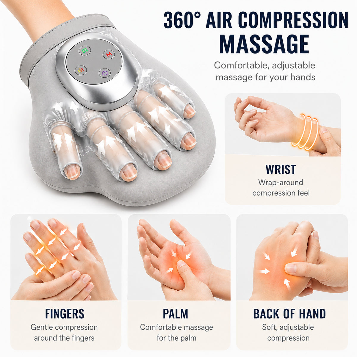 Appareil de massage des mains avec compression d’air à 360° pour les doigts, la paume et le poignet.