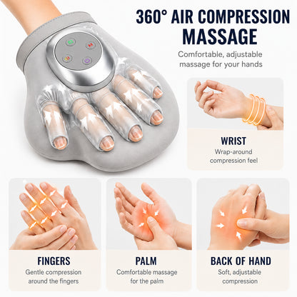 Appareil de massage des mains avec compression d’air à 360° pour les doigts, la paume et le poignet.